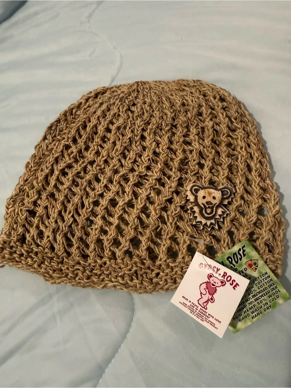 Gypsy Rose Tan Crochet Beanie with Grateful Dead Dancing Bear Pin